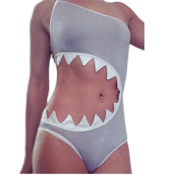 Gray Shark Bite White Teeth Open Side Bathing Suit One-Shoulder Swimsuit Gold S - Picture 2 of 11